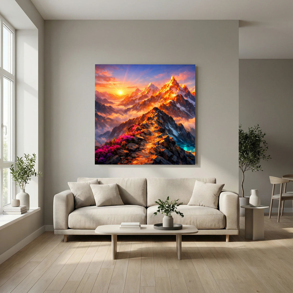 Leinwandbild auf Holzkeilrahmen: Berglandschaft im Sonnenuntergang, kräftige Farbtöne.