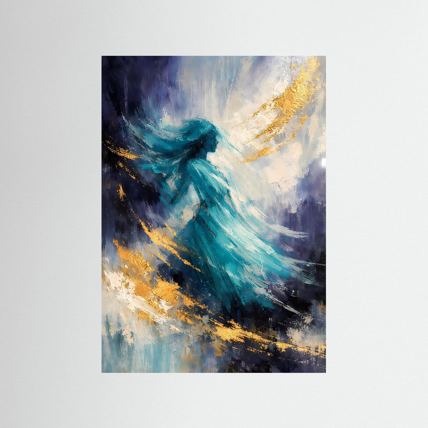 Abstraktes Fantasy-Poster im Hochformat mit türkisfarbenem Wirbel und goldenen Akzenten