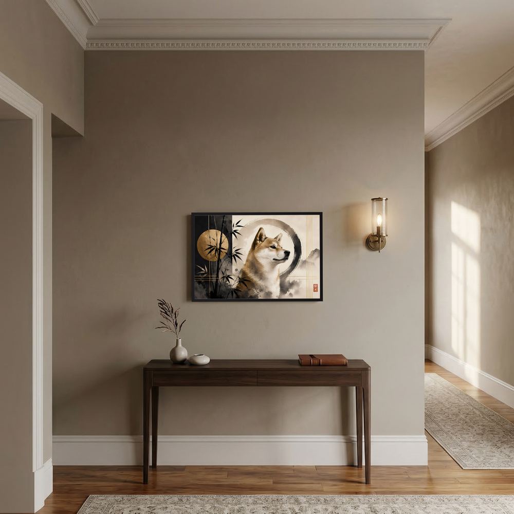 Querformatiges Poster mit Shiba Inu im Zen-Stil, schwarzer Rahmen, Bambus in Beige & Gold.
