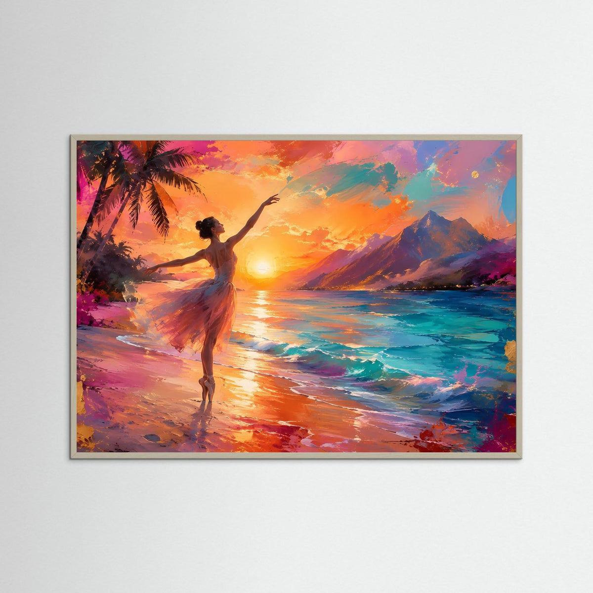 Ballett-Poster mit Tänzerin am Strand im grauen Rahmen, Sonnenuntergang an der Küste