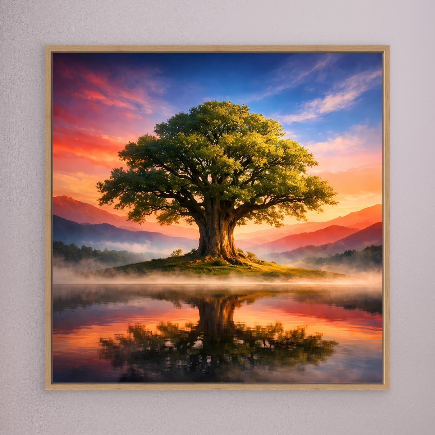 Leinwandbild Lebensbaum mit See-Spiegelung im Sonnenuntergang, Eichenrahmen.