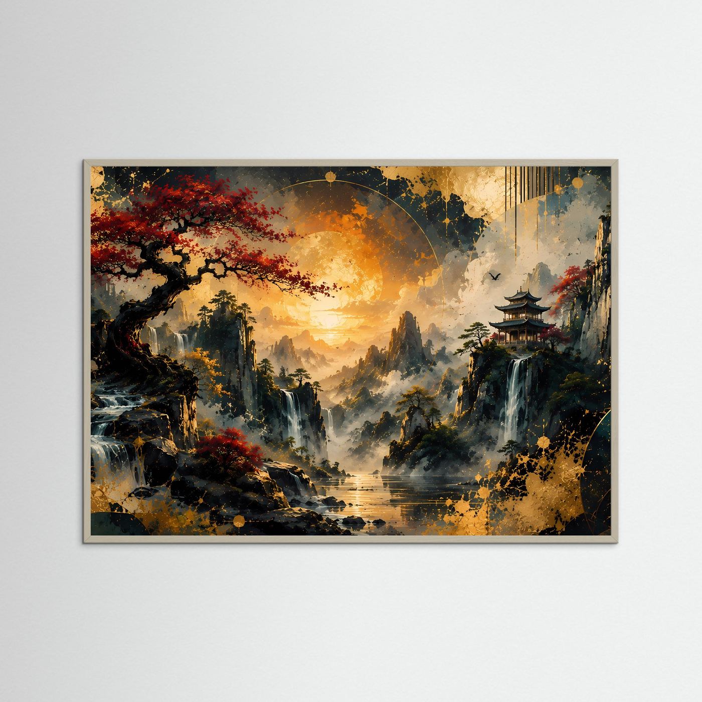 Poster mit grauem Rahmen: japanische Berglandschaft, Pagode, Wasserfälle, roter Ahorn