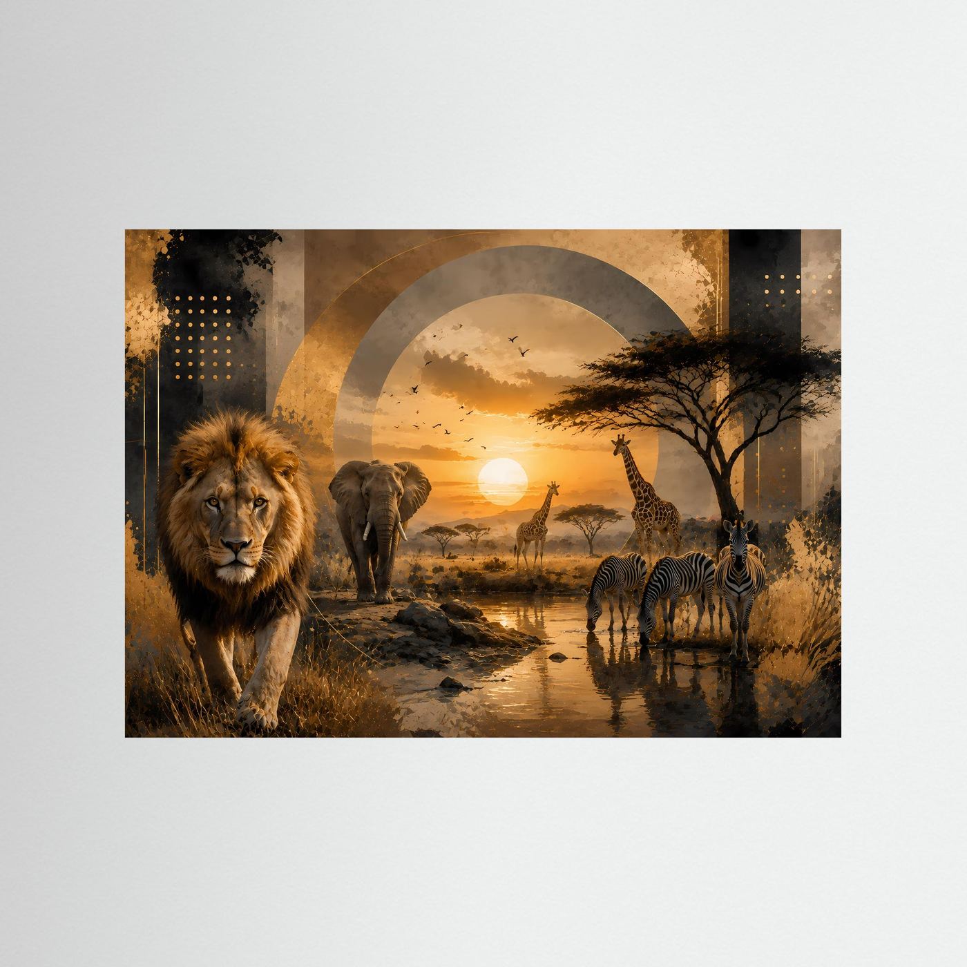 Querformatposter mit Löwe, Elefant und Zebra in afrikanischer Savannenlandschaft