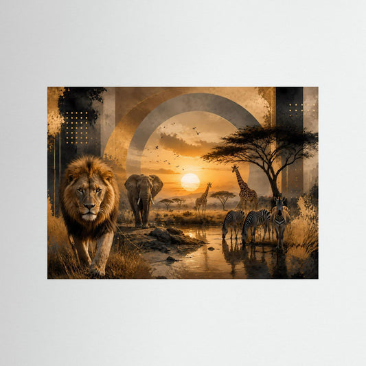 Querformatposter mit Löwe, Elefant und Zebra in afrikanischer Savannenlandschaft