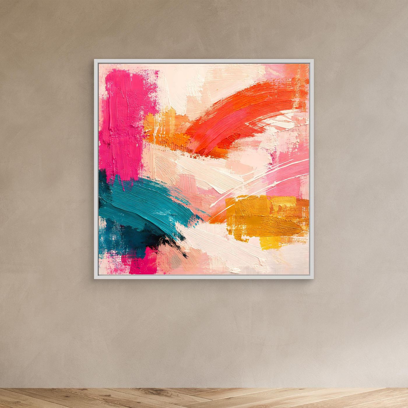 Leinwand-Wandbild mit abstrakten Farbflächen in Pink, Orange und Petrol, weiß gerahmt