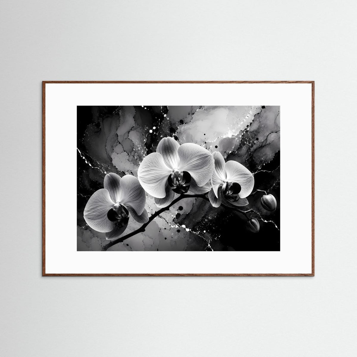 Orchideen-Wandbild mit schwarz-weiß Orchideenblüten, brauner Holzrahmen