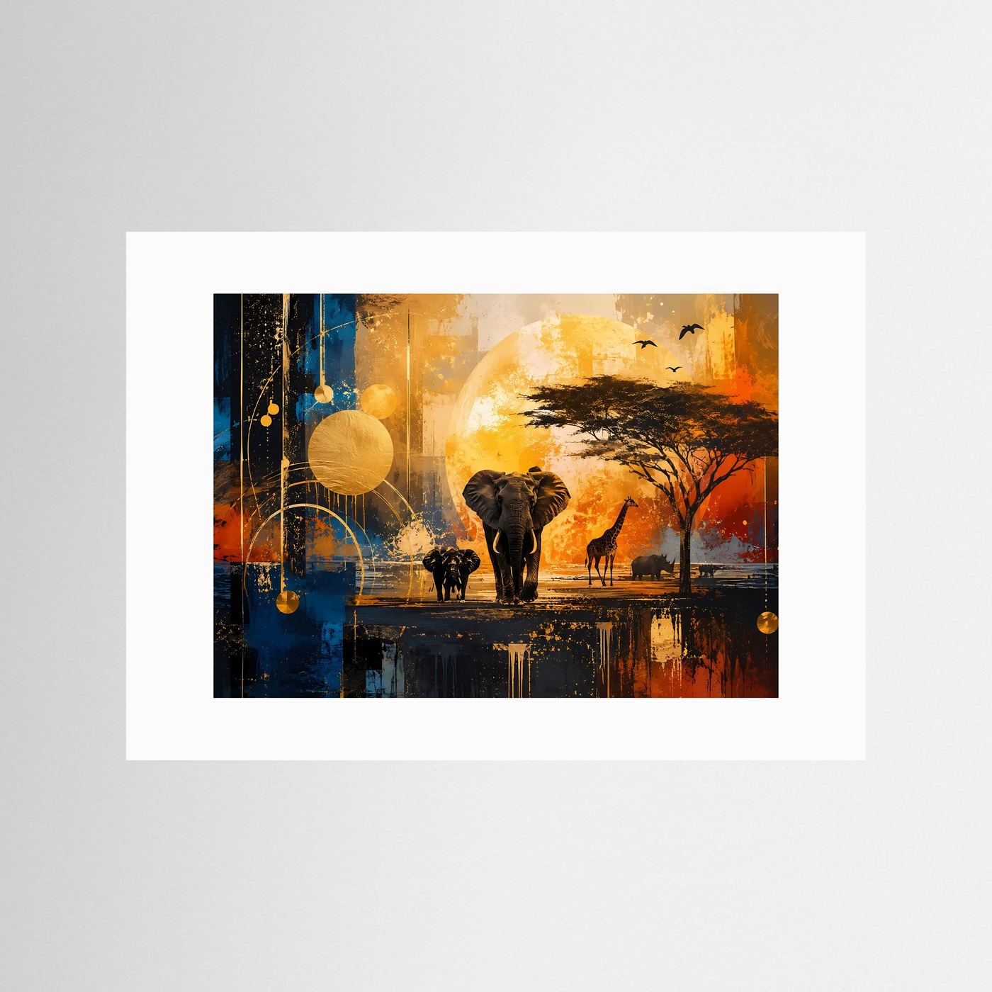 Afrikanische Safari Wandbild | Elefantenfamilie bei Sonnenuntergang in Gold & Blau