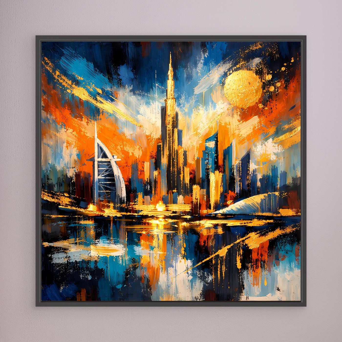 Abstraktes Leinwandbild mit dunklem Rahmen, goldene Skyline-Highlights und Wasserreflexionen