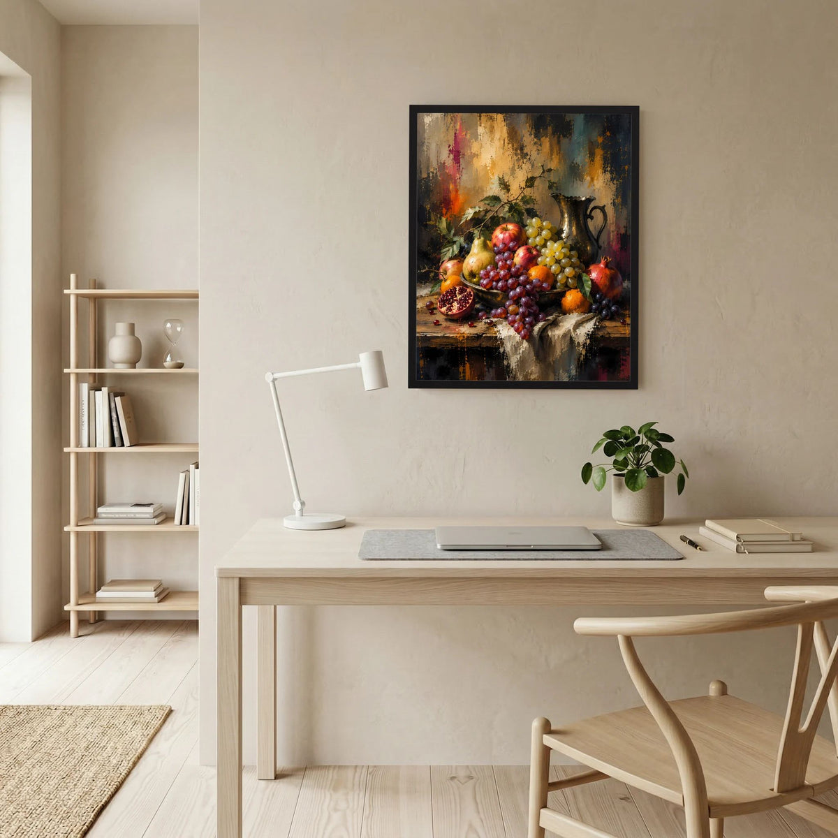 Gerahmtes Kunstposter mit Obststillleben: Trauben, Granatapfel und Äpfel mit Metallkanne