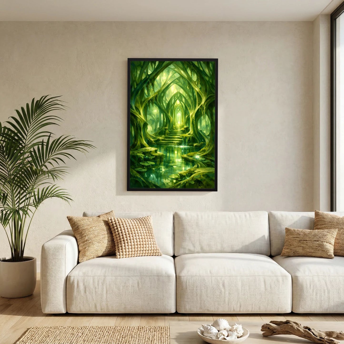 Kunstposter im schwarzen Rahmen mit grünem Waldtempel und beleuchtetem Weg im Wasser