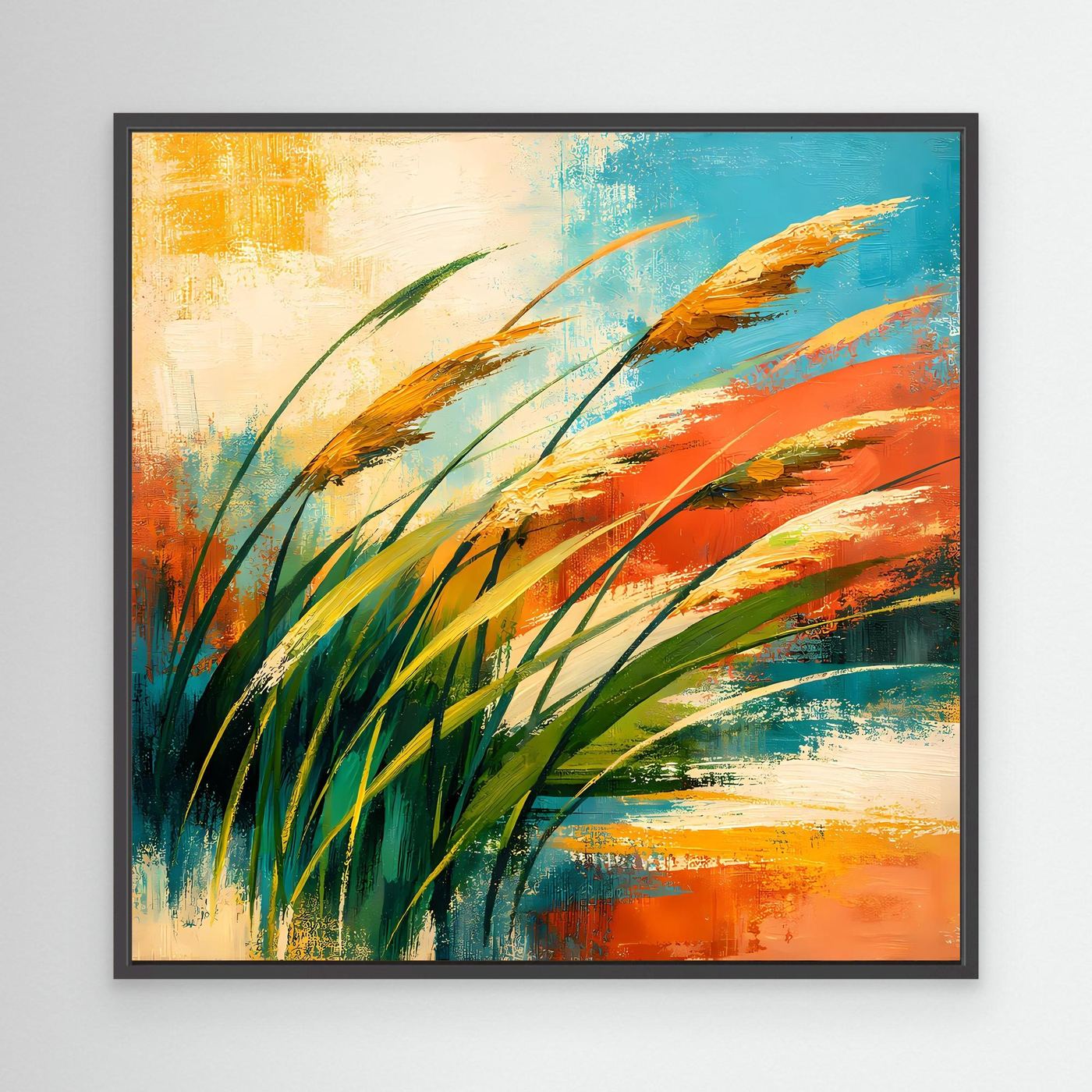 Leinwandbild mit abstrakten Gräsern (Grün, Orange, Blau) im schwarzen Rahmen