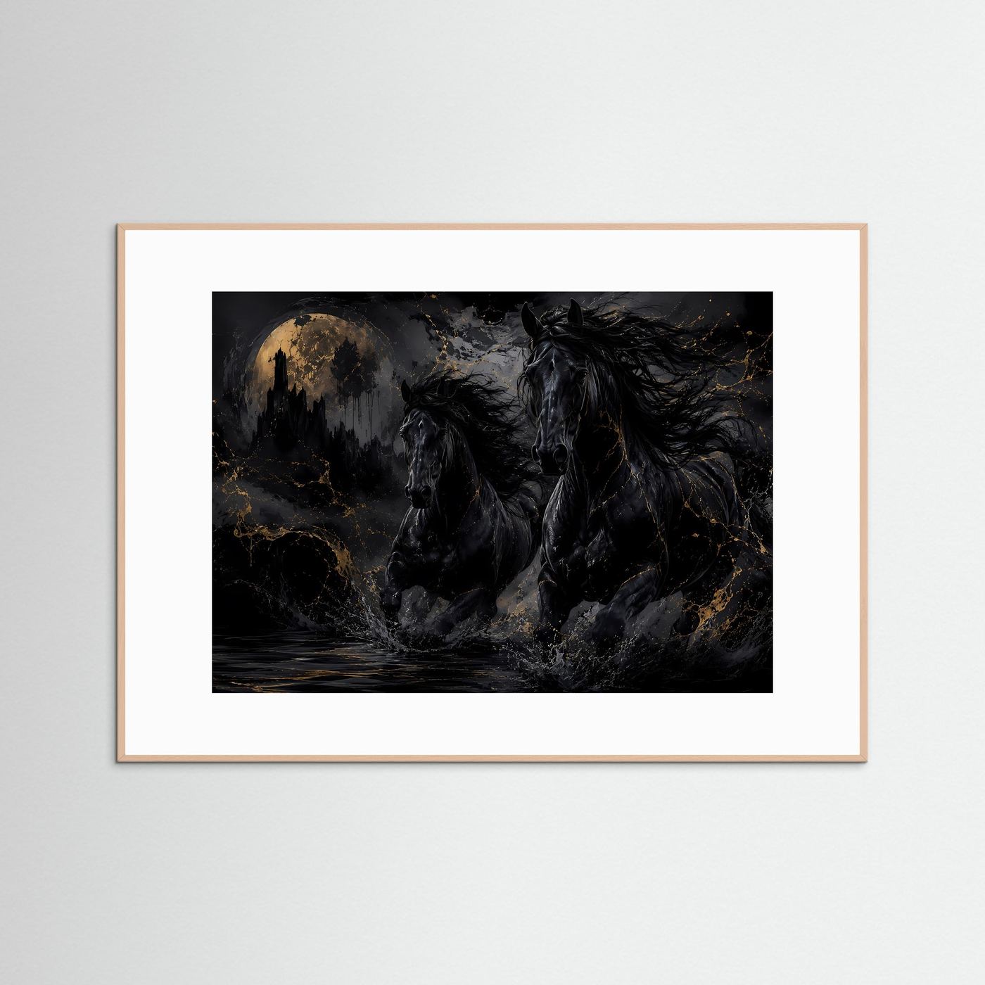 Schwarze Pferde Poster | Mystische Pferde Wandkunst mit Vollmond | Dunkle Fantasy Pferde | Eleganter Gothic Kunstdruck