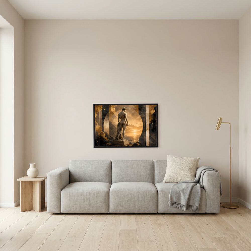 Wandposter mit antiker Männerstatue, Gold und Schwarz, Querformat, schwarzer Rahmen