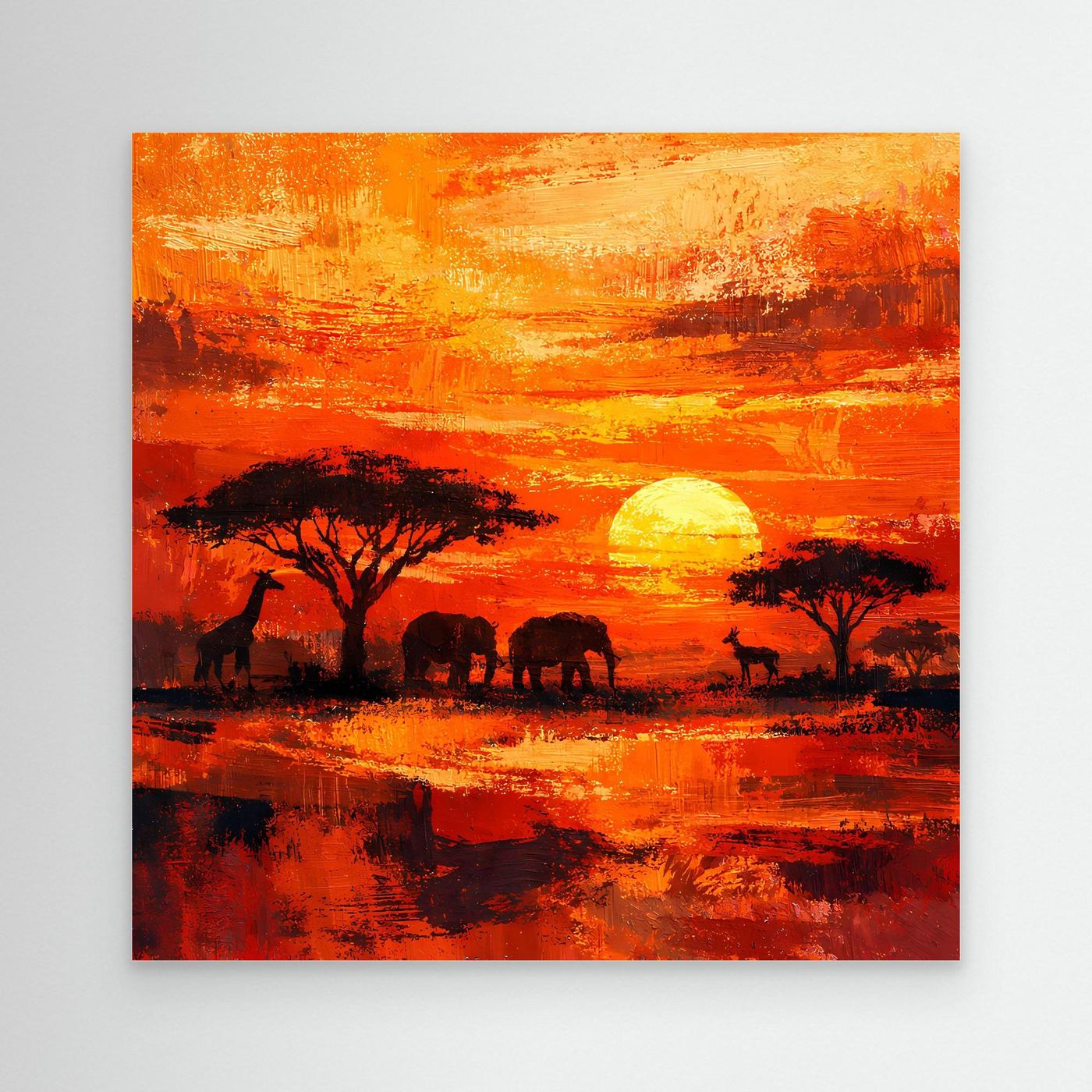 Leinwand Afrikanische Savanne bei Sonnenuntergang | Modernes Elefanten & Giraffen Wandbild