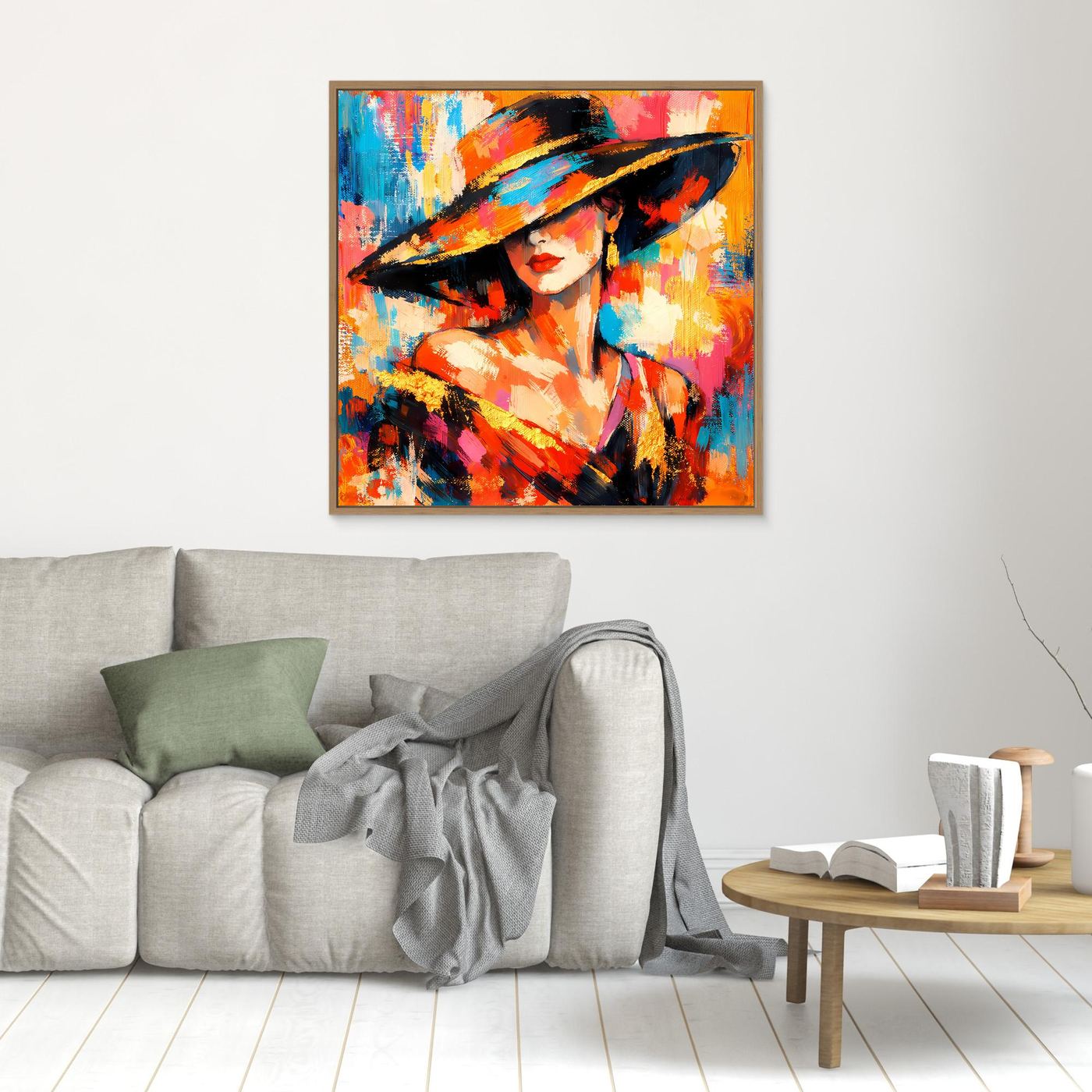 Leinwandbild mit Frau im Hut, buntes abstraktes Portrait, brauner Rahmen