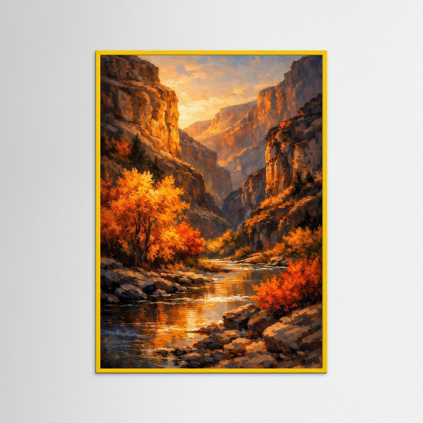 Wandbild mit Canyonlandschaft, Herbstbäumen und Fluss im Sonnenuntergang, gelber Rahmen