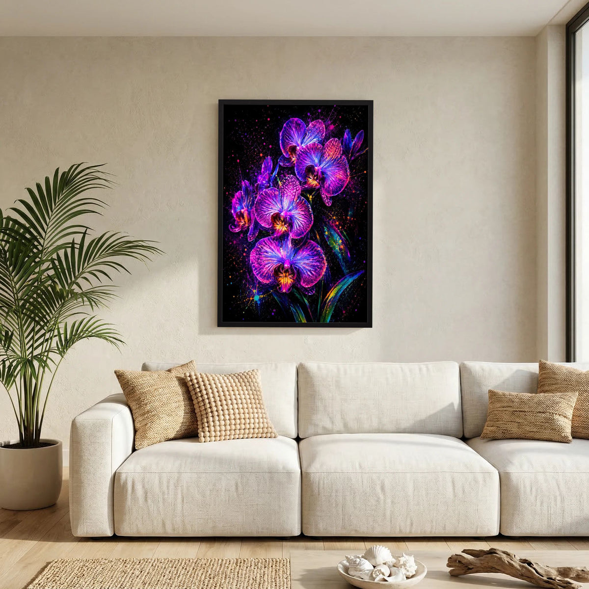 Hochformatiges Blumenposter mit leuchtenden Orchideenblüten in Neon-Pink und Violett, schwarz gerahmt