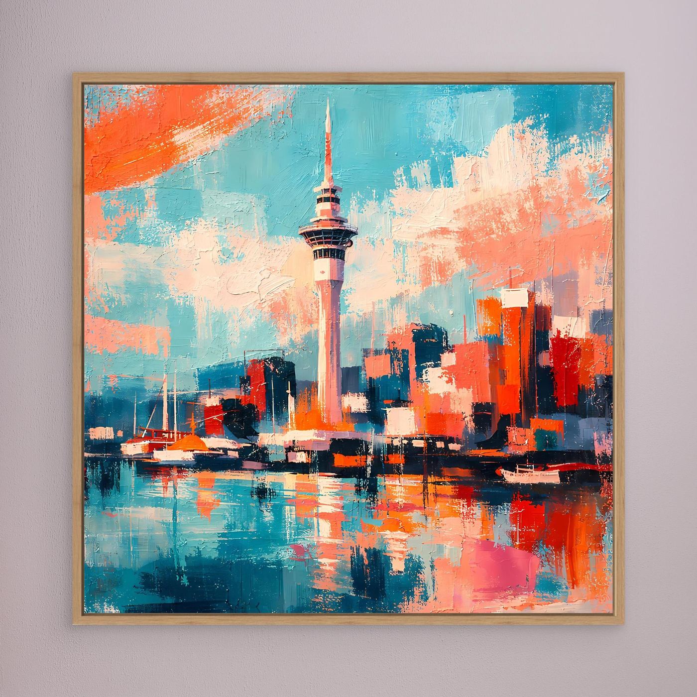 Wandbild mit abstrakter Skyline und Sky Tower, türkis-orangefarbener Farbverlauf, Holzrahmen