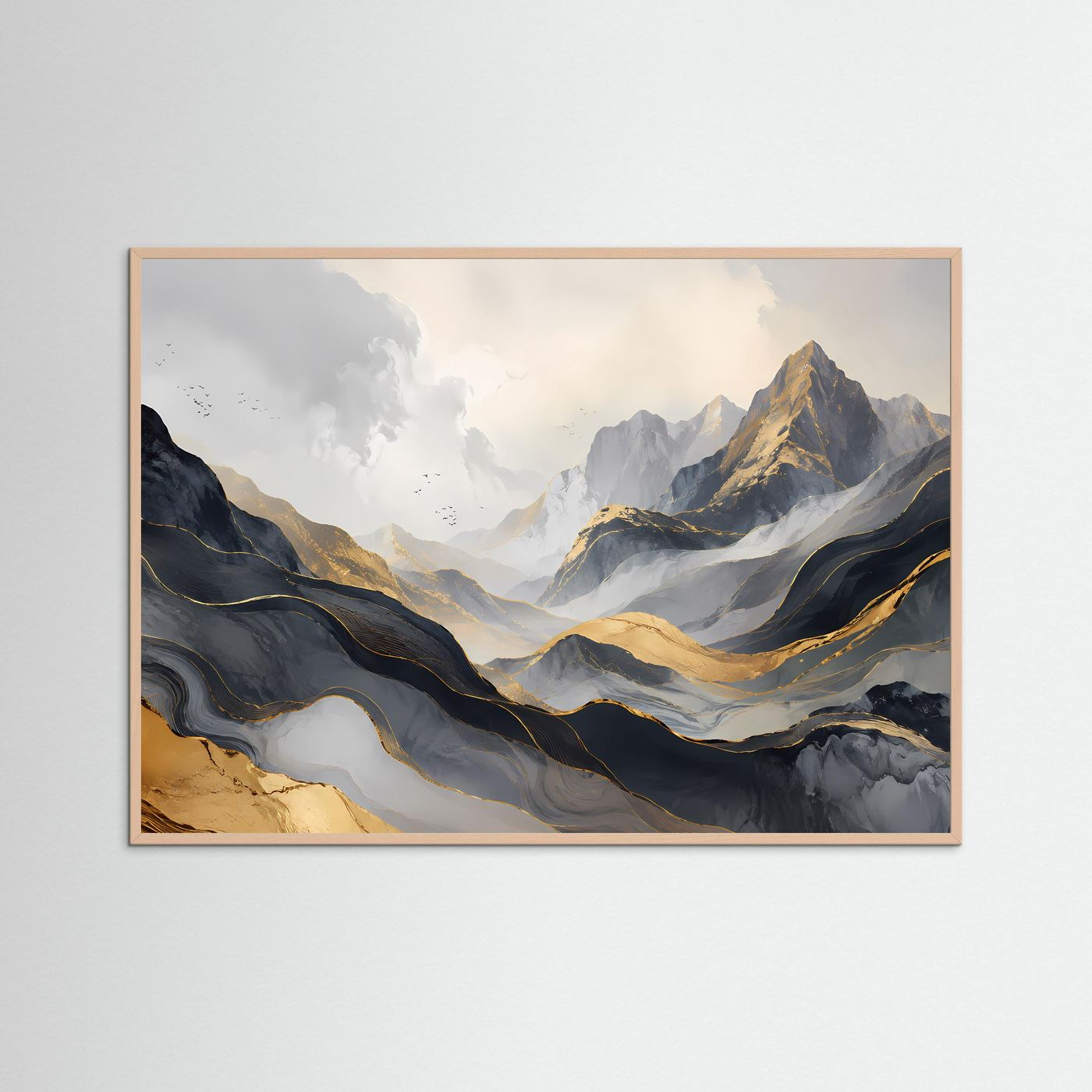 Panorama-Berglandschaft-Poster mit Roséholzrahmen, abstrakte Berglandschaft in Grau, Schwarz und Gold