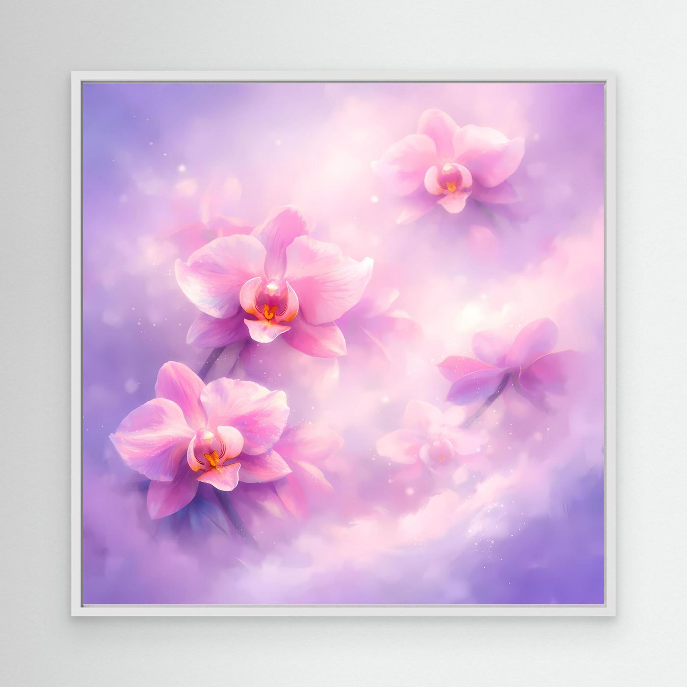 Leinwandbild mit pastellfarbenen Orchideen, weißem Rahmen