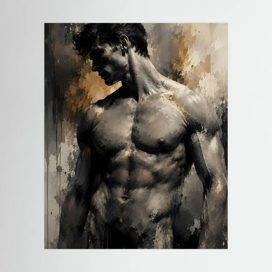 Kunstposter mit abstrakter Aktfigur eines Mannes, Schwarz-Gold, seitliche Ansicht