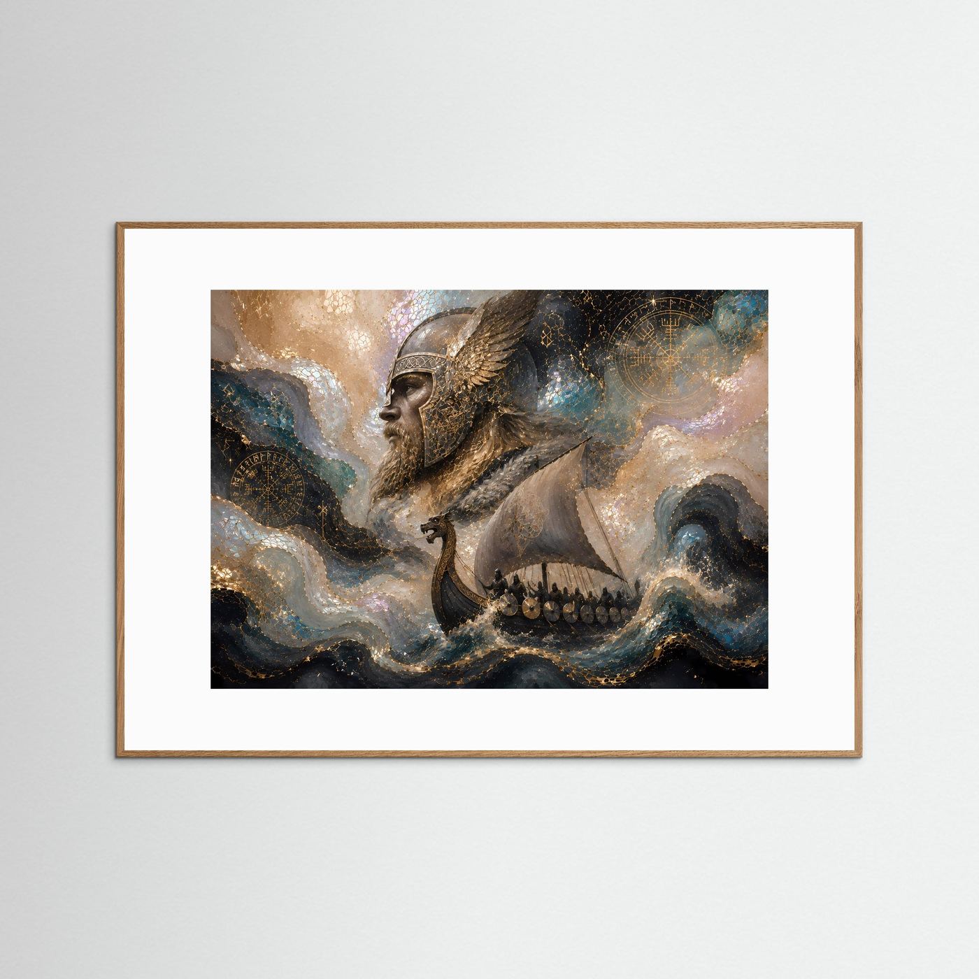 Querformat-Poster mit Wikinger auf Drachenboot, gerahmt in hellbraunem Holz