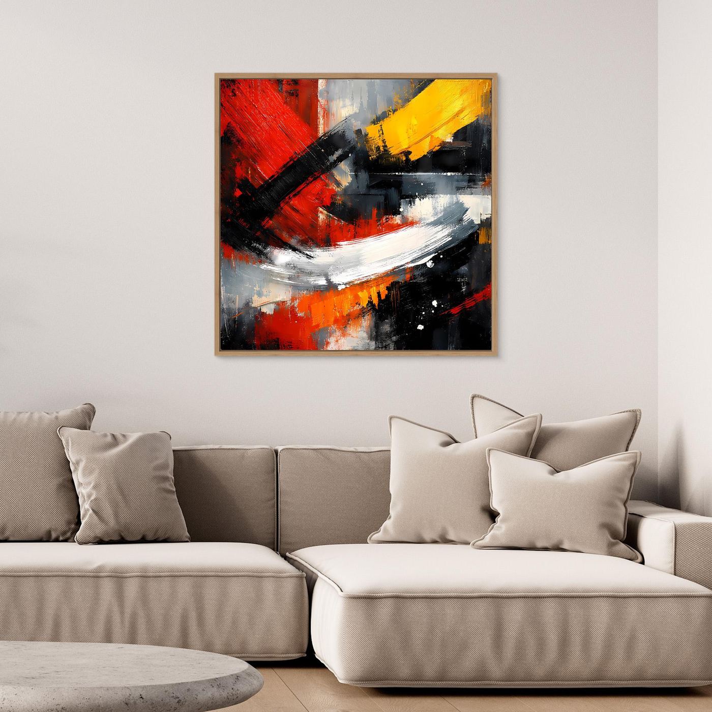 Quadratisches Leinwand-Wandbild mit Holzrahmen und abstrakten Pinselstrichen in Rot, Gelb, Schwarz