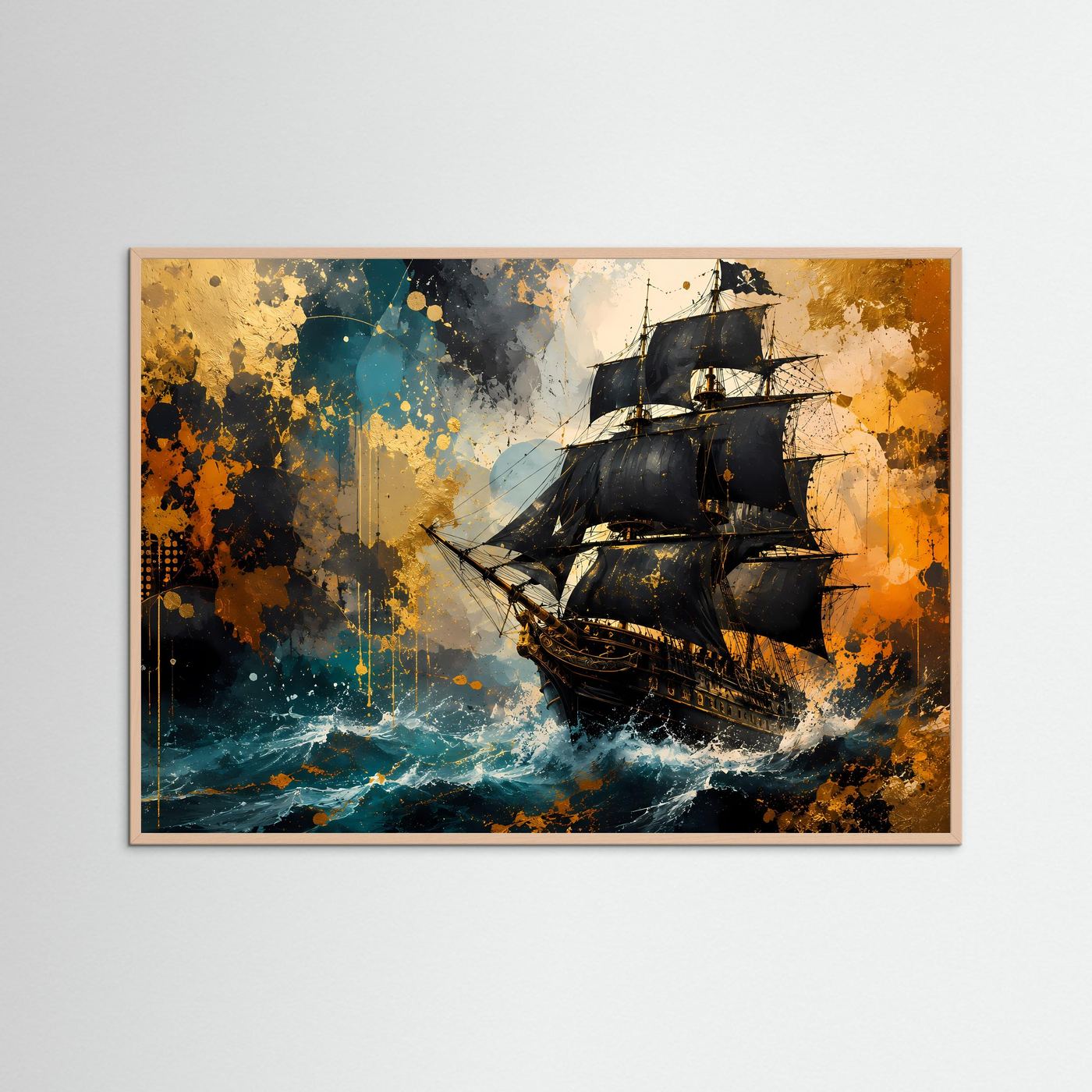 Historisches Segelschiff Poster Querformat | Abstrakte Maritime Wandkunst in Blau & Gold | Elegantes Piratenschiff Wandbild