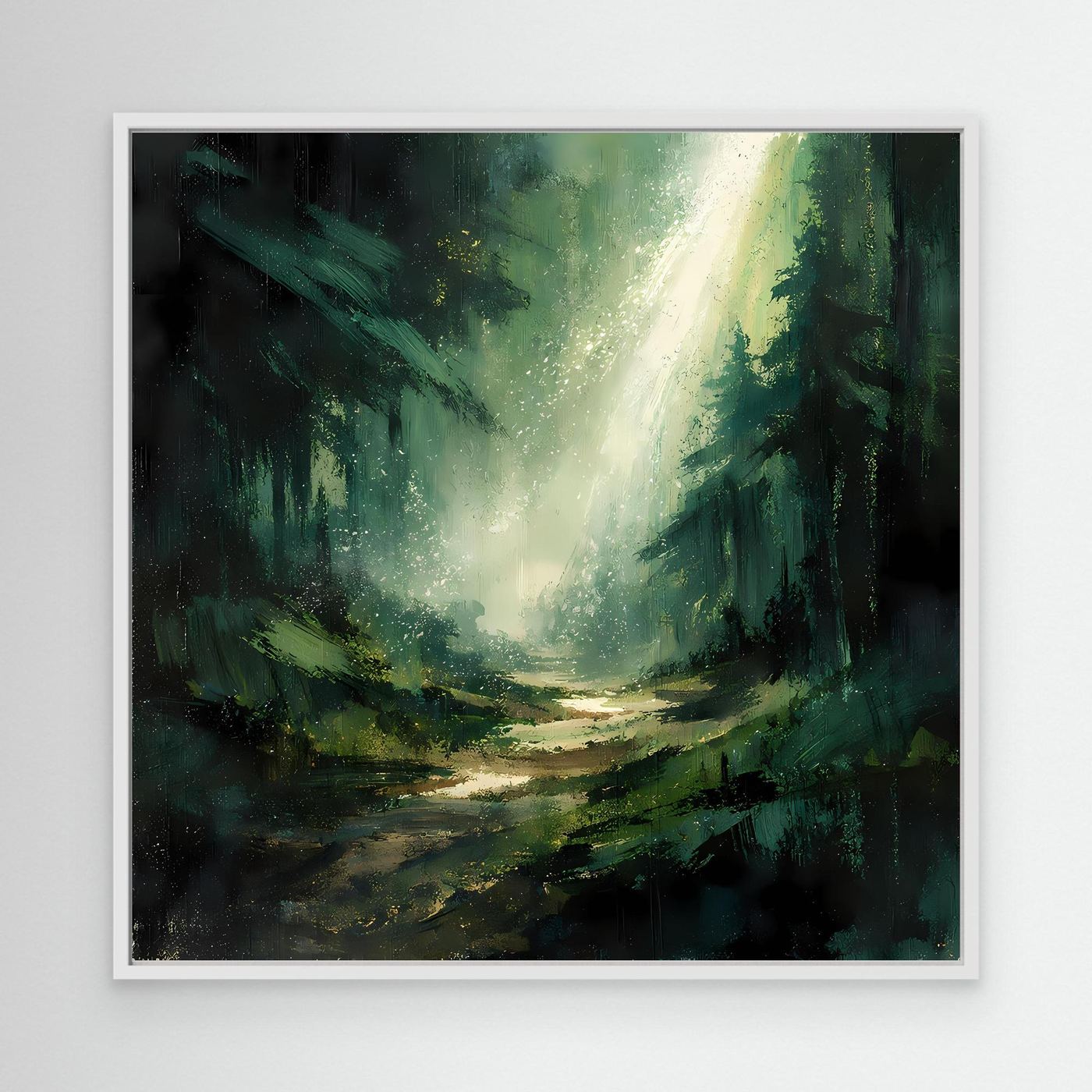 Leinwand Magischer Lichtstrahl im Wald | Abstraktes Tannenwald Wandbild Grün