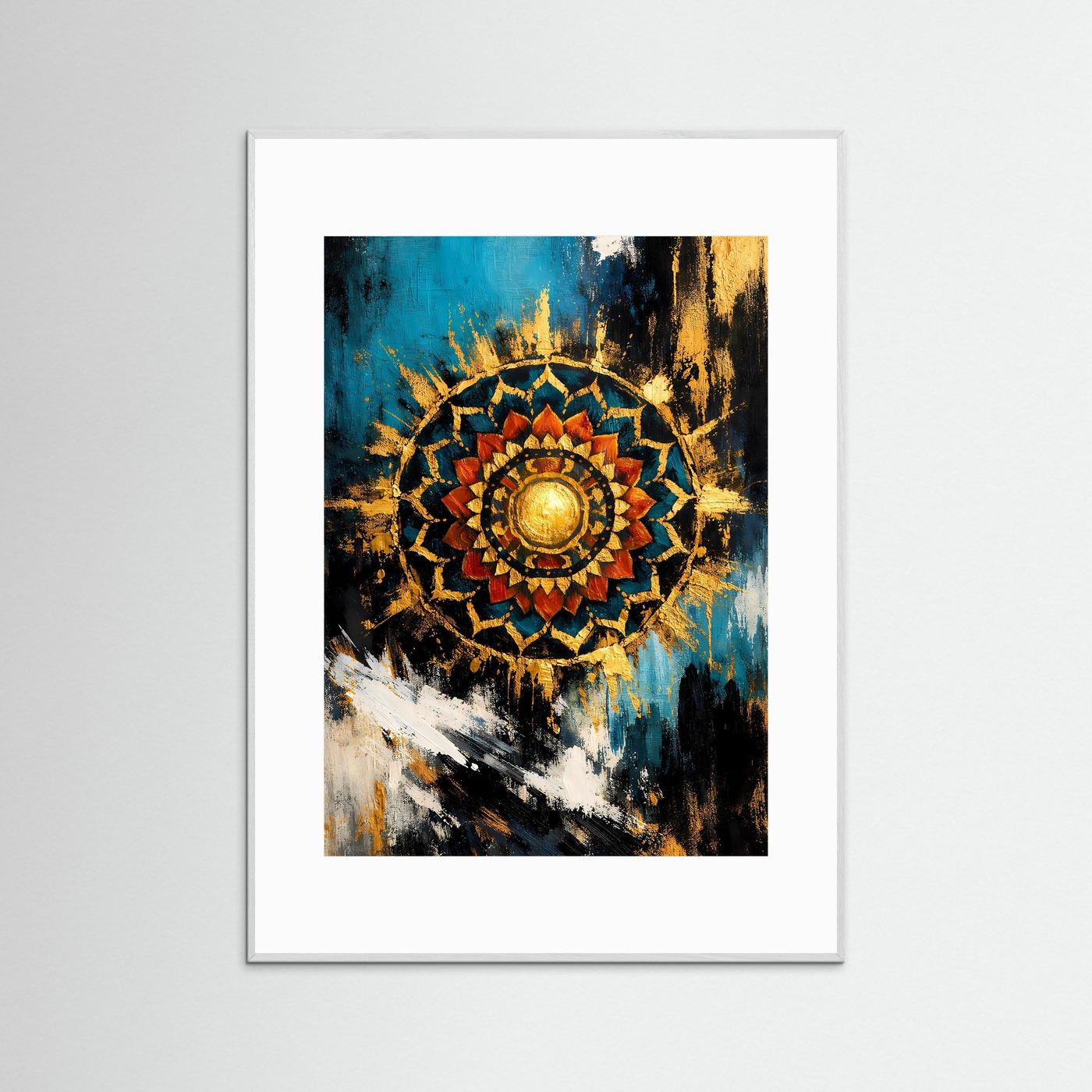Gerahmtes Wandbild mit hellgrauem Rahmen und Mandala-Motiv in Gold, Blau und Schwarz