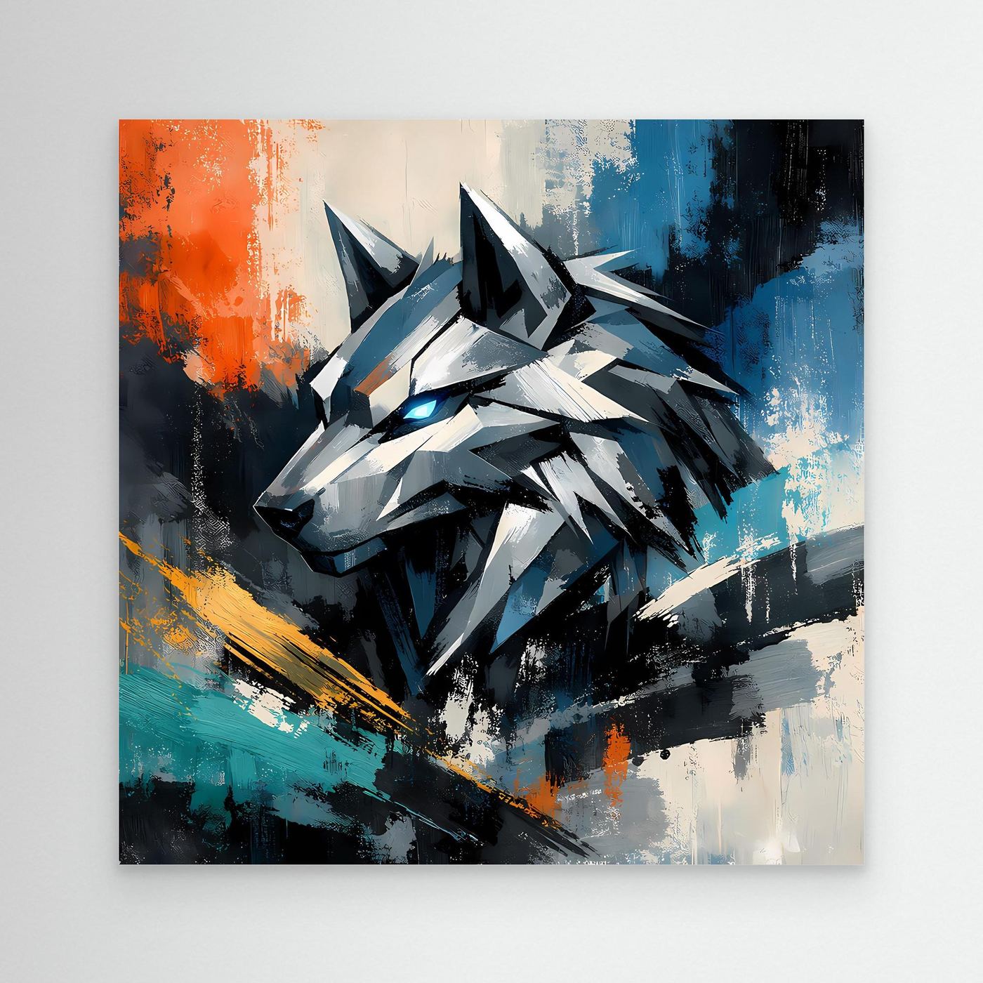 Leinwandbild mit geometrischem Cyber-Wolf, abstraktem Mecha-Motiv in Blau, Schwarz und Orange