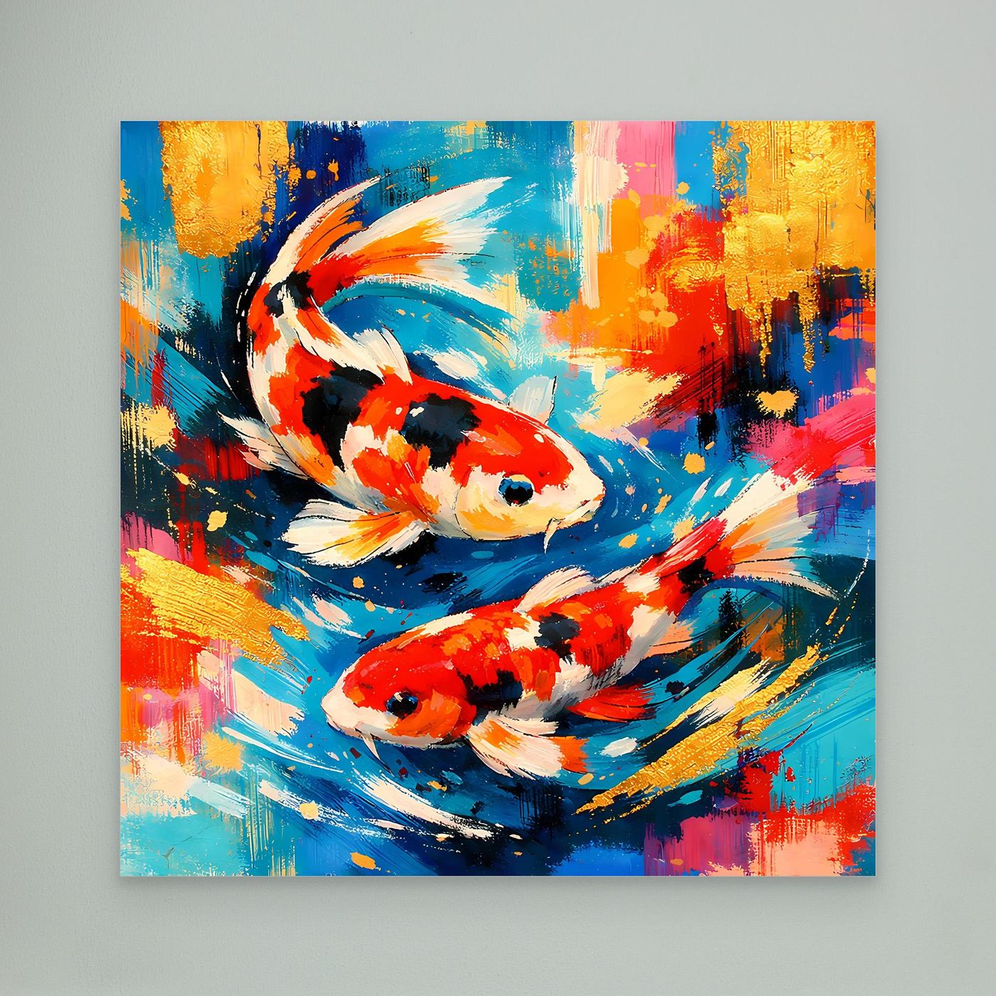 Leinwandbild mit zwei Koi-Fischen, abstrakte Farbflächen in Blau, Rot und Weiß, ohne Rahmen