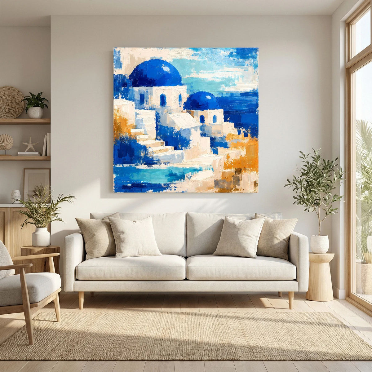 Abstraktes Leinwand-Wandbild mit mediterranen Häusern und großen blauen Rundkuppeln