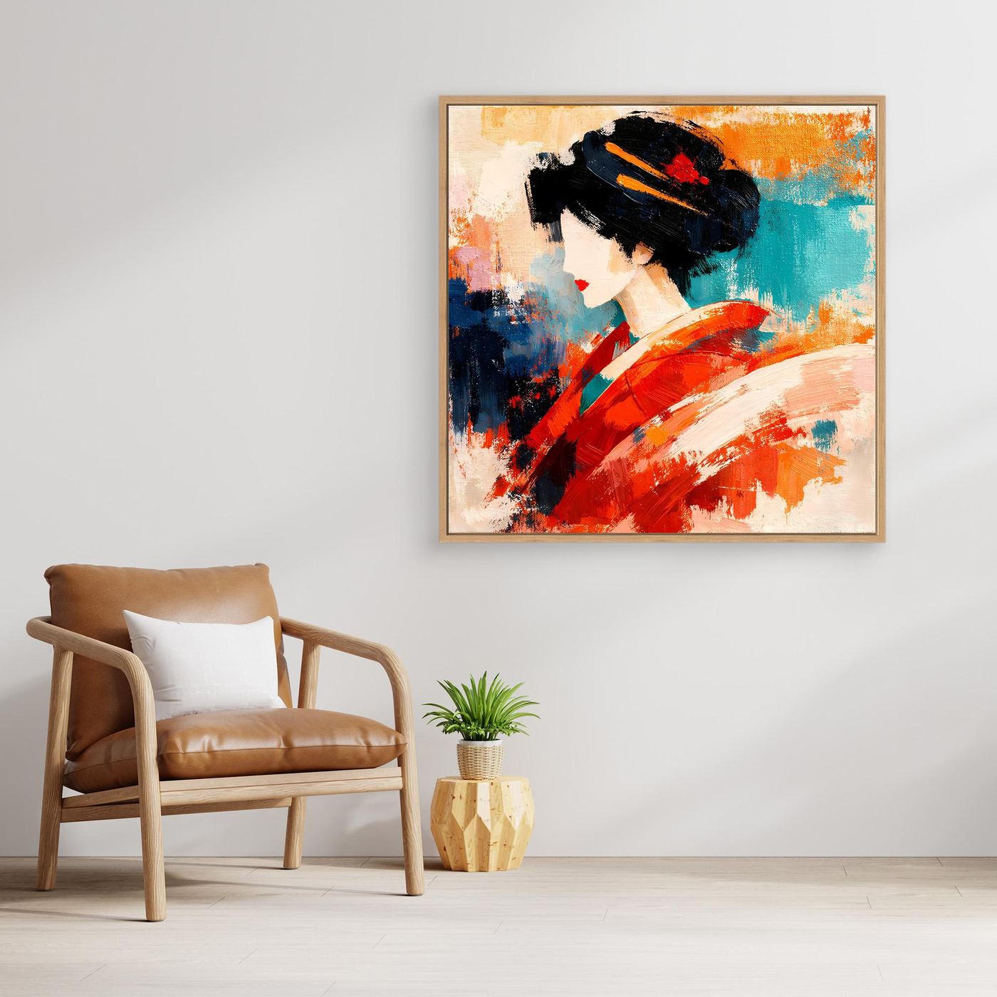 Oak-framed square canvas wall art of a geisha in red kimono with teal and orange abstract