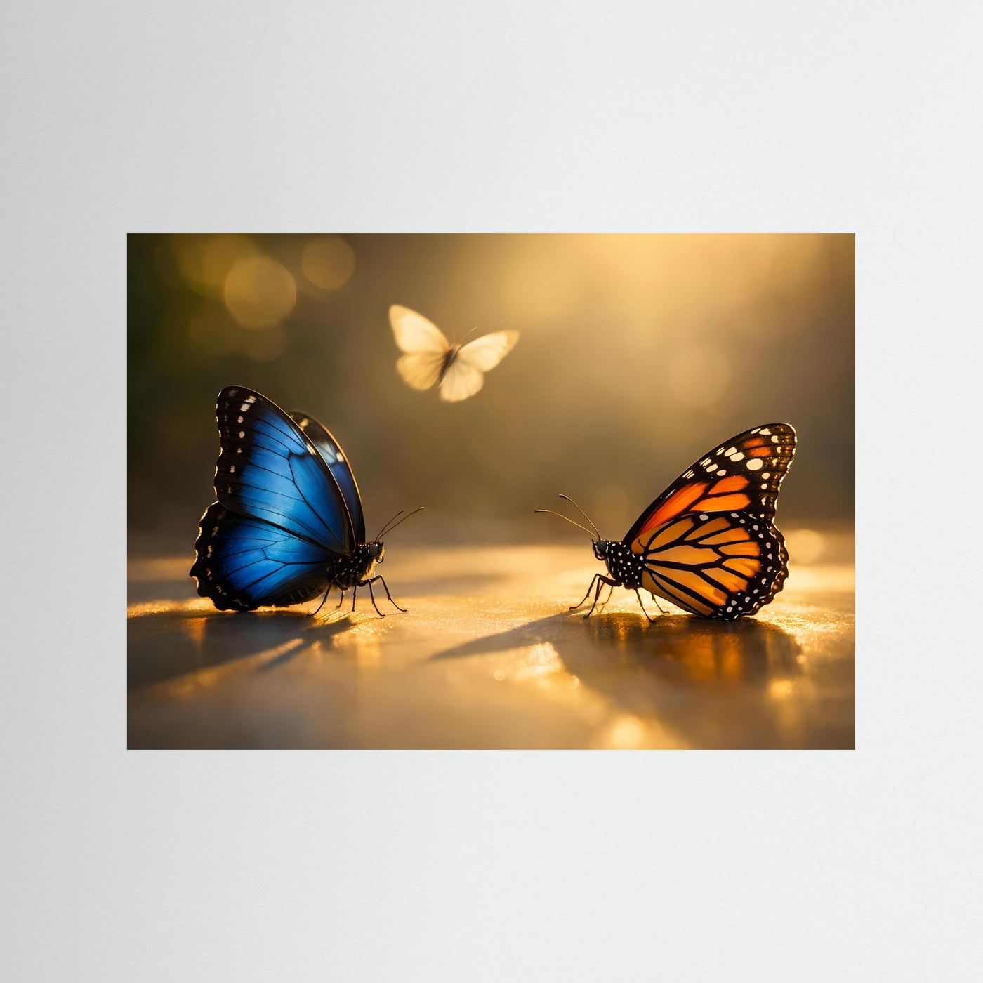 Querformat-Poster mit blauem Schmetterling links, orangefarbenem rechts und hellem Falter