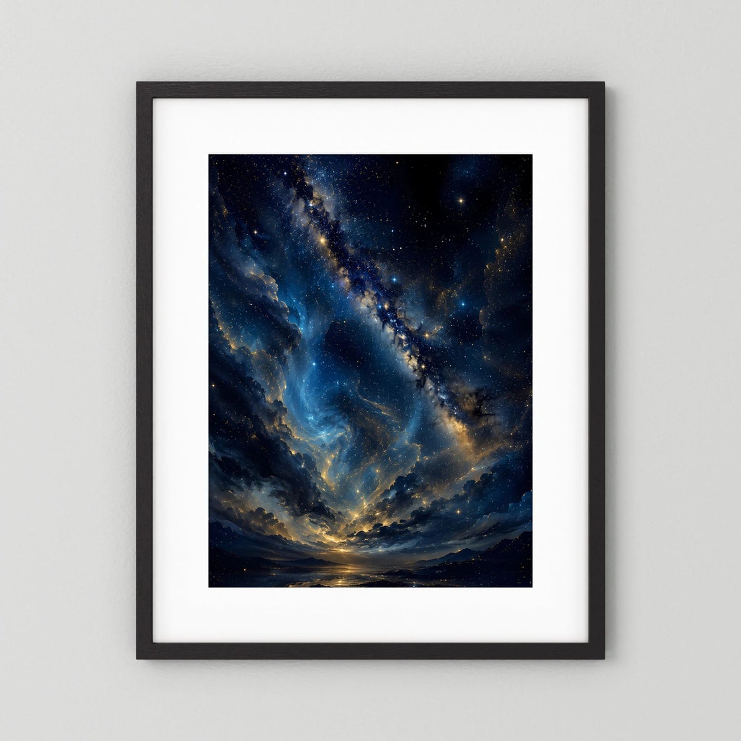 Sternenhimmel in Blau & Gold | Mystische Galaxie über Landschaft | Poster Hochformat