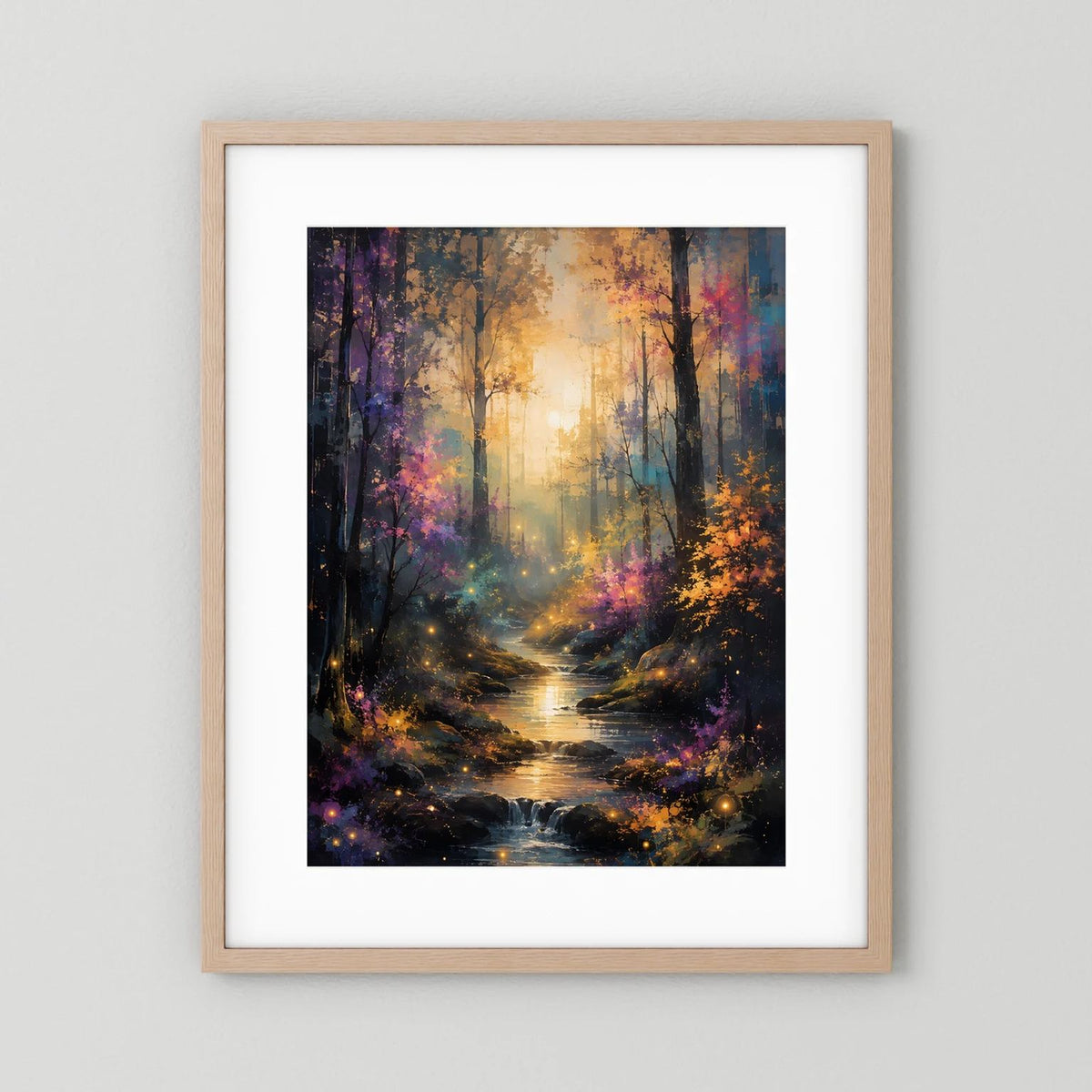 Wandbild mit hellem Holzrahmen und weißem Passepartout: mystischer Waldweg und leuchtender Bach