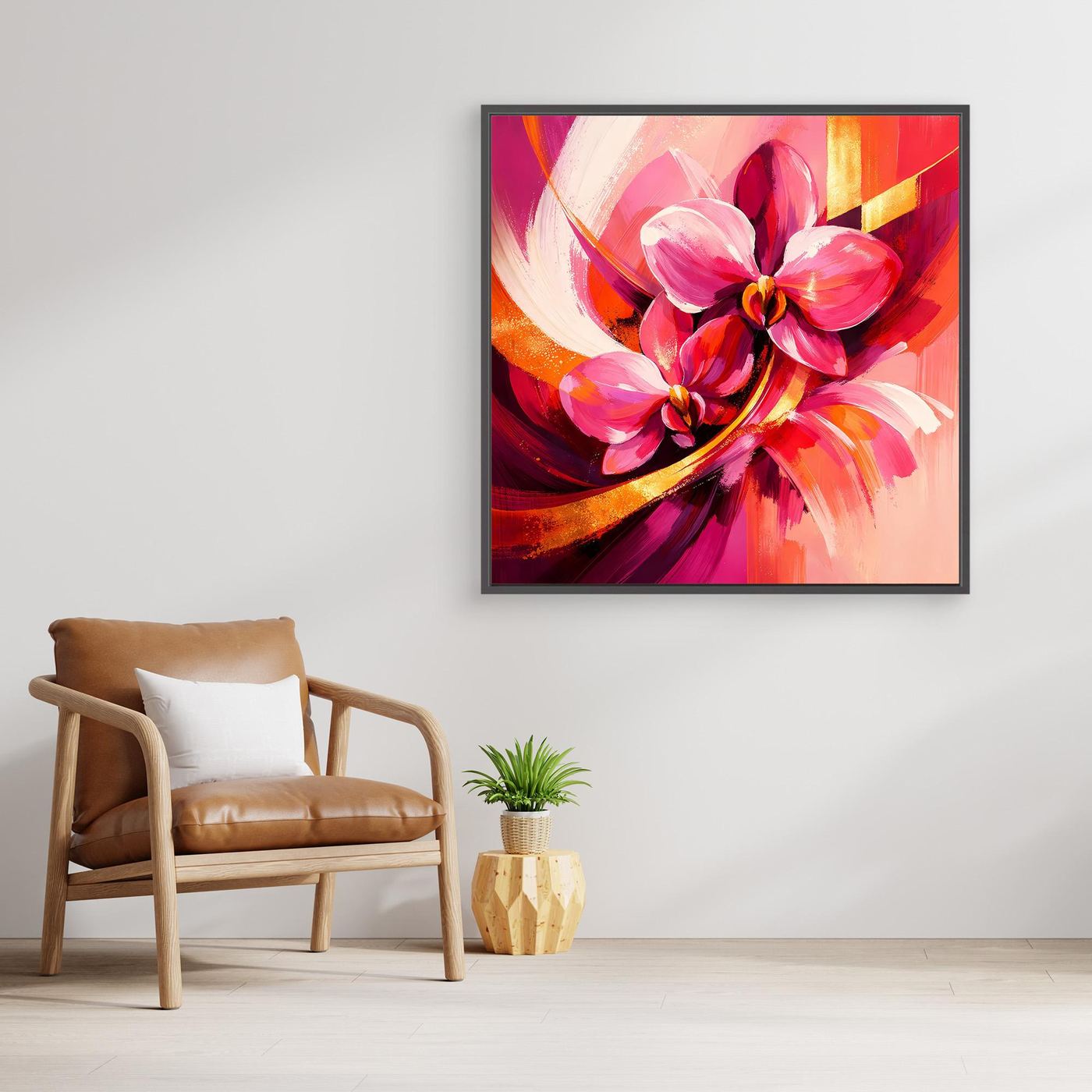 Gerahmtes Leinwandbild mit dunklem Rahmen und abstrakten Orchideen in Pink-Rot