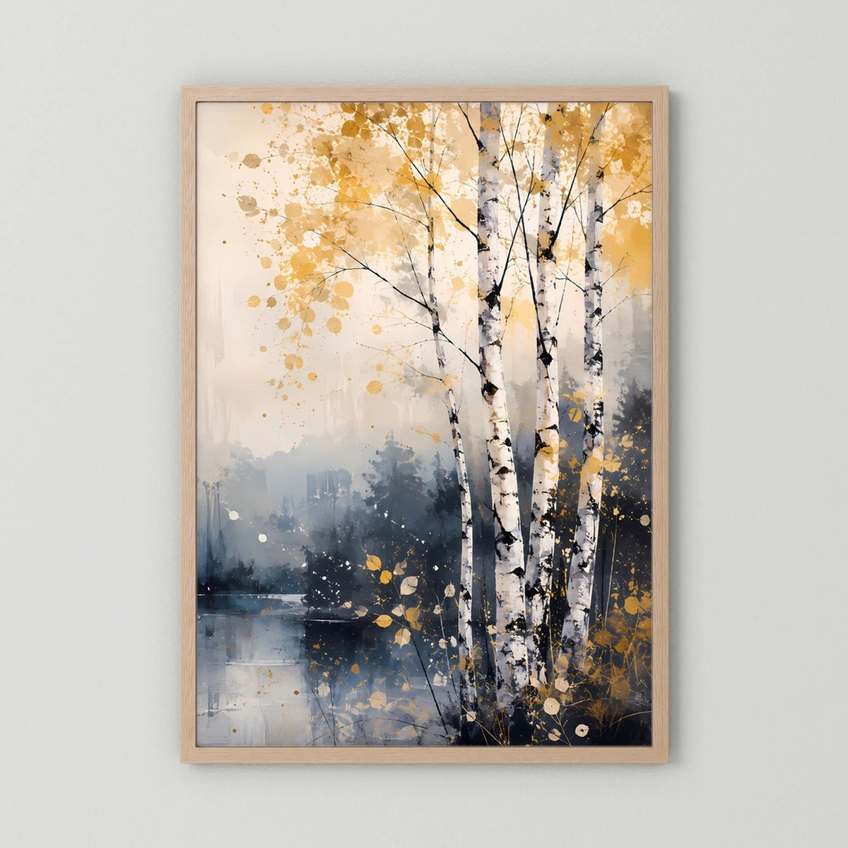 Poster im Hochformat mit abstrakten Birken am See, goldene Sprenkel, Holzrahmen natur