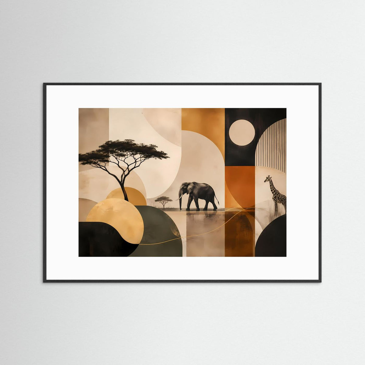 Abstraktes Poster mit Elefant und Giraffe im Querformat, weißes Passepartout und schwarzer Rahmen