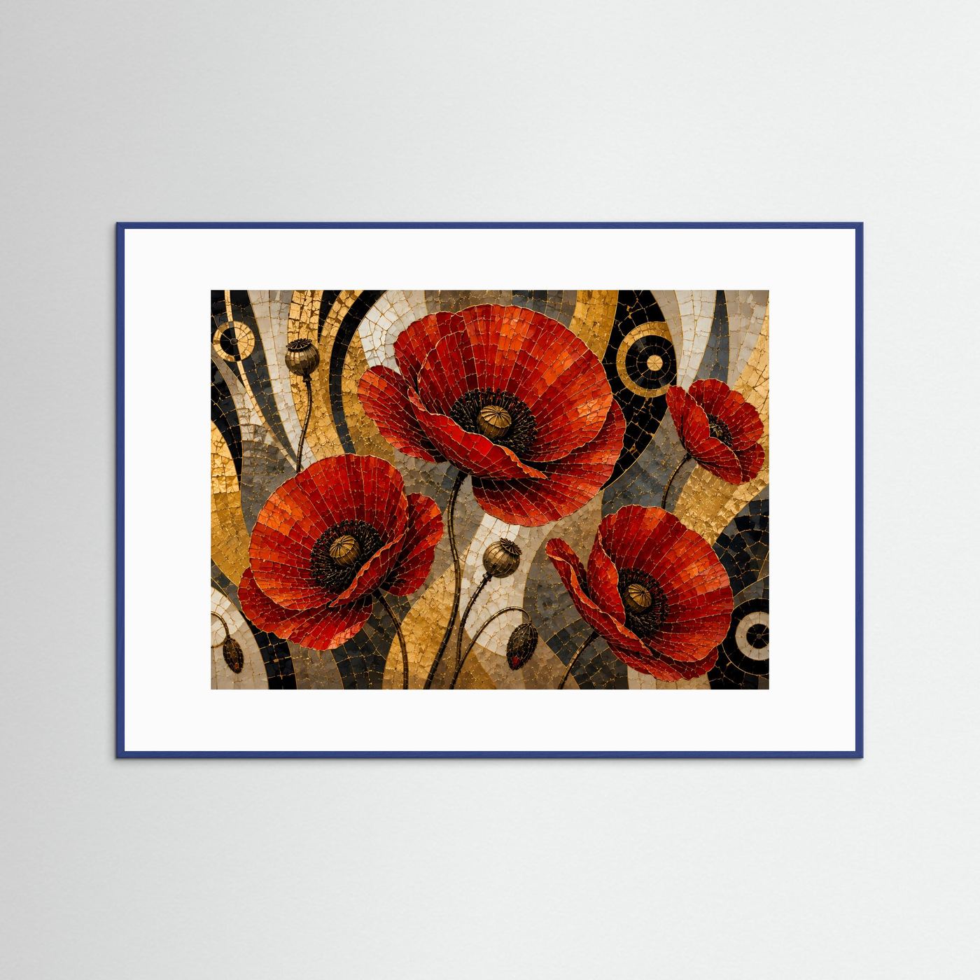 Gerahmtes Poster mit Mohnblumen im Mosaikstil, rot, schwarz und gold, Querformat