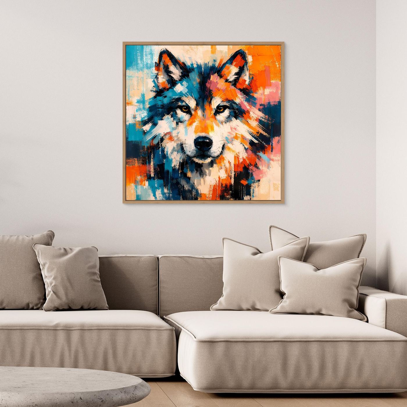 Framed abstract wolf portrait canvas with multicolor paint splashes and intense eyes