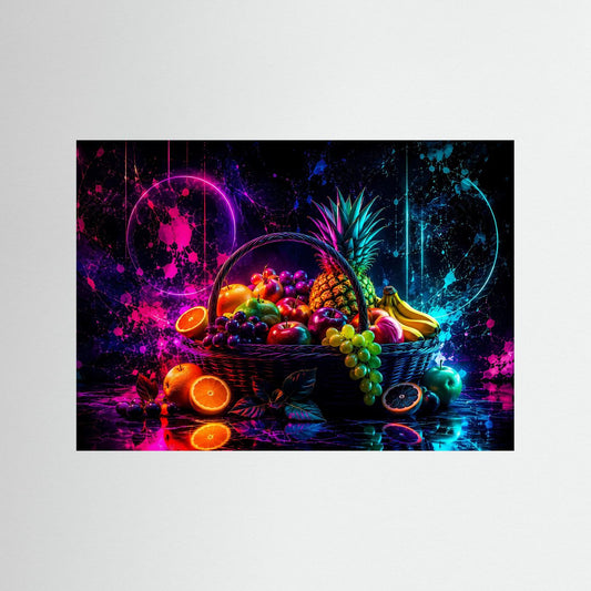 Neon-Fruchtkorb als Pop-Art-Druck im schwarzen Rahmen mit leuchtendem Korb und bunten Früchten
