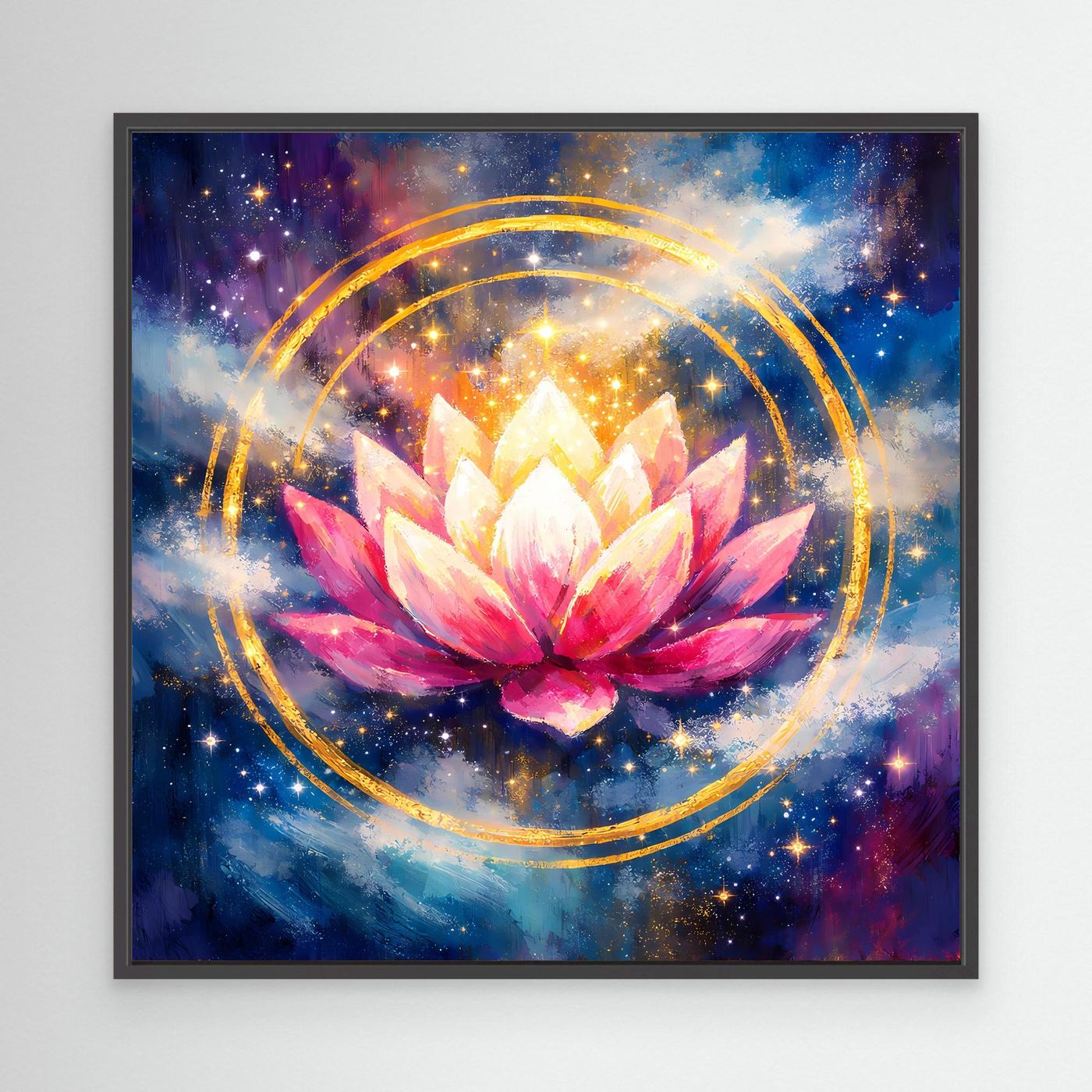 Wandbild mit Lotusblüte, goldenen Kreisen und Sternen im Kosmos, schwarzer Rahmen