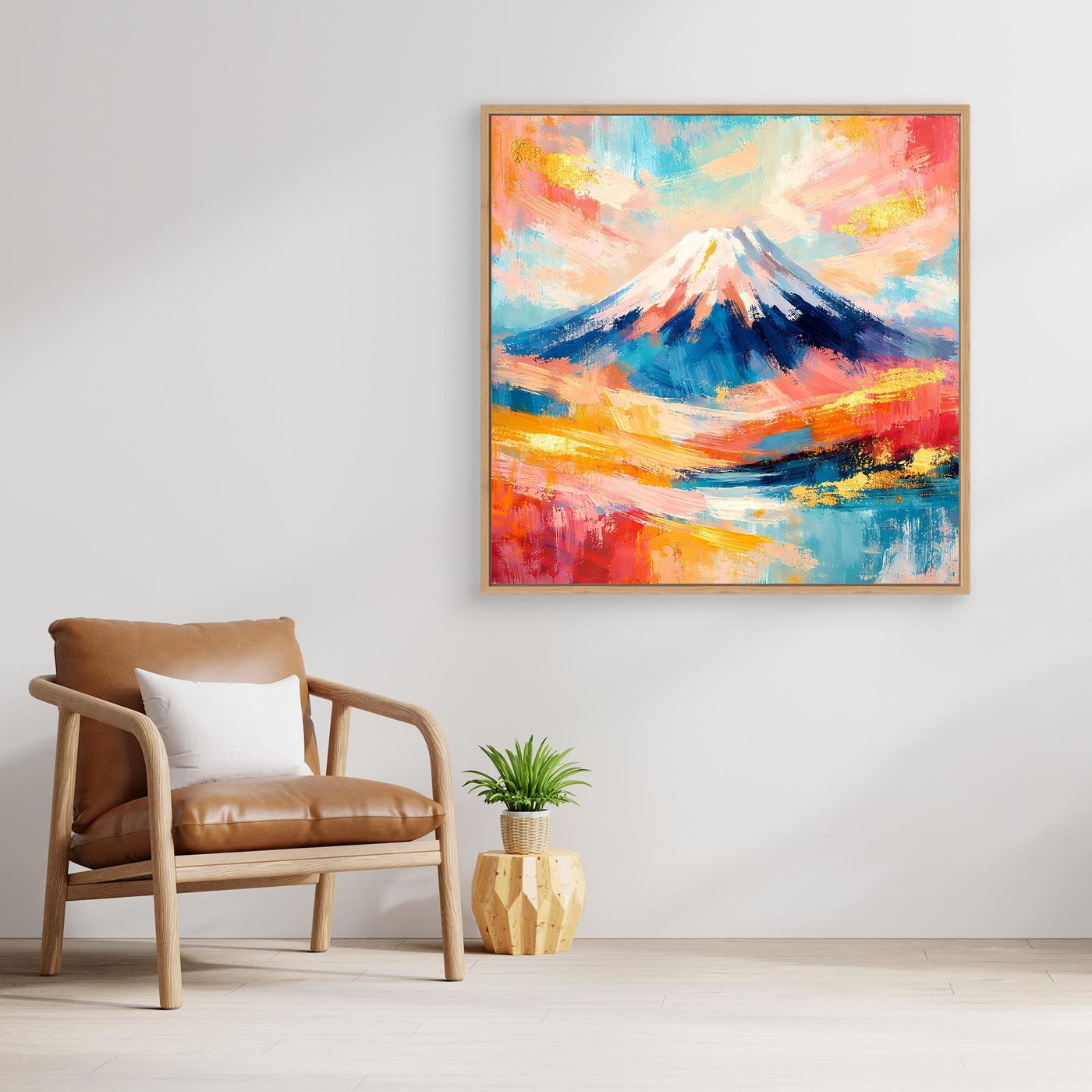 Leinwandbild mit abstraktem Mount-Fuji, farbige Berglandschaft, Holzrahmen