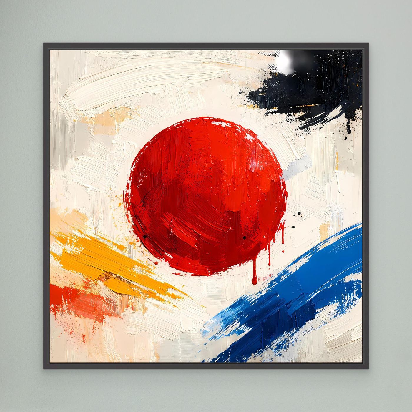 Abstract canvas wall art with red sun circle, blue and orange brush strokes, black frame.