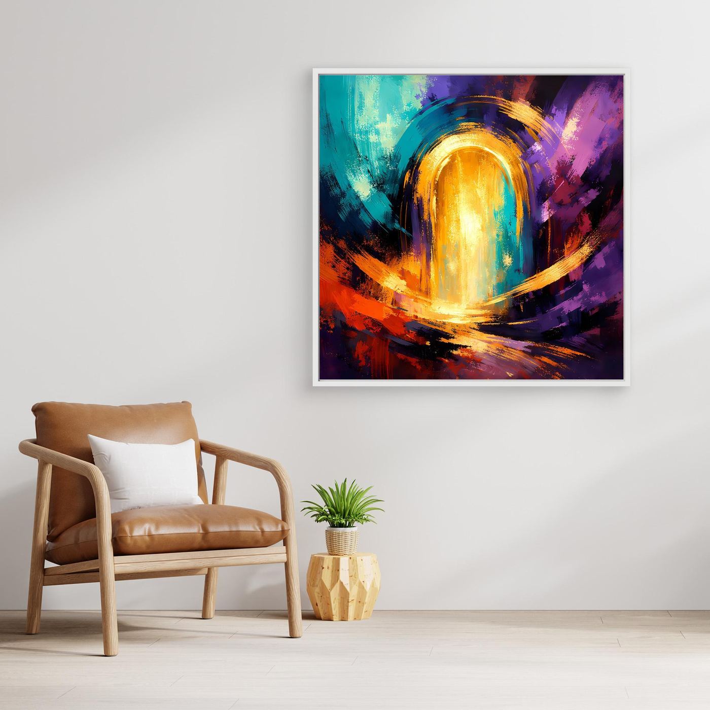 Abstraktes Wandbild mit goldenem Lichttor, dünner Holzrahmen um das Motiv.