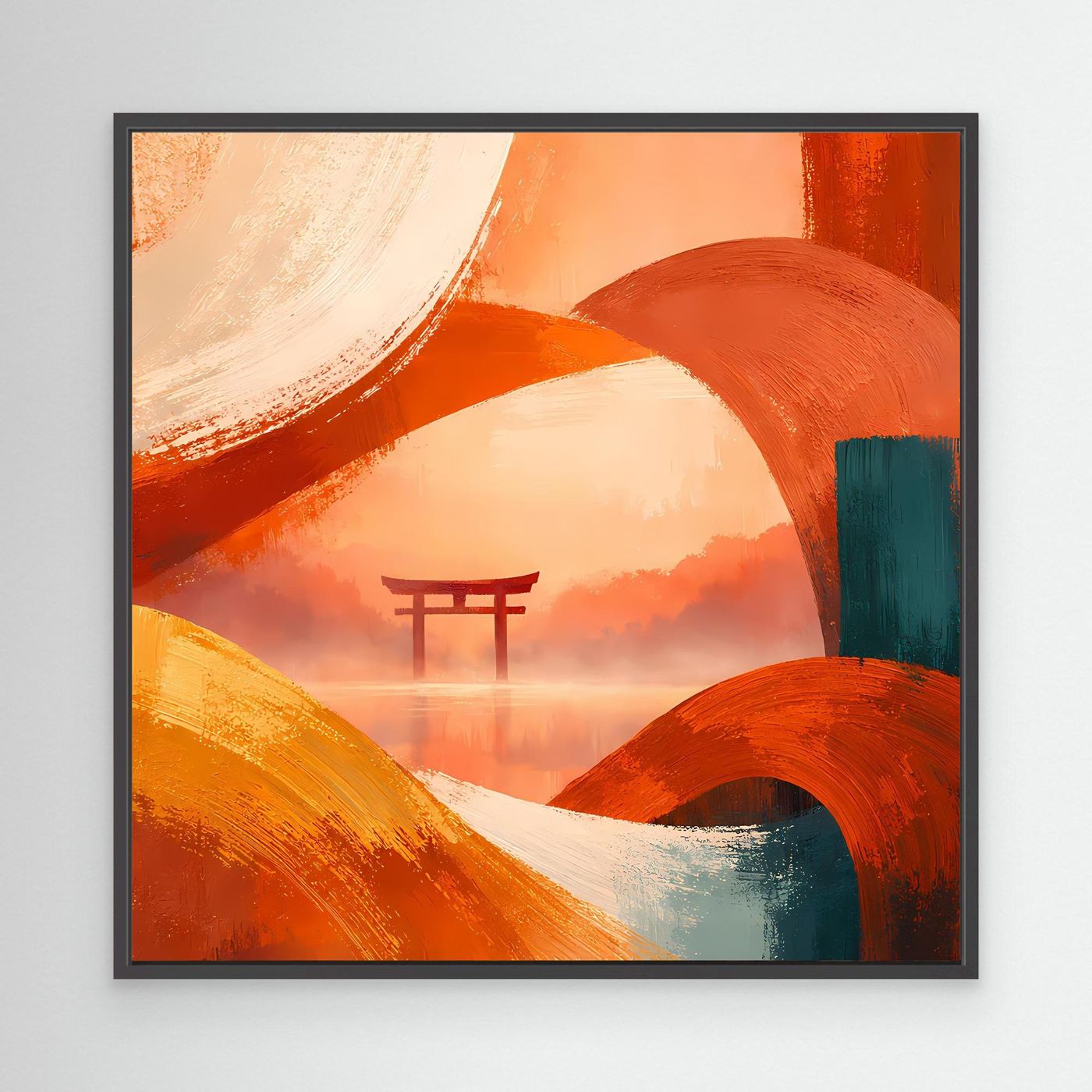 Leinwandbild mit abstraktem Torii-Tor in Orange und Türkis, mit schwarzem Rahmen.
