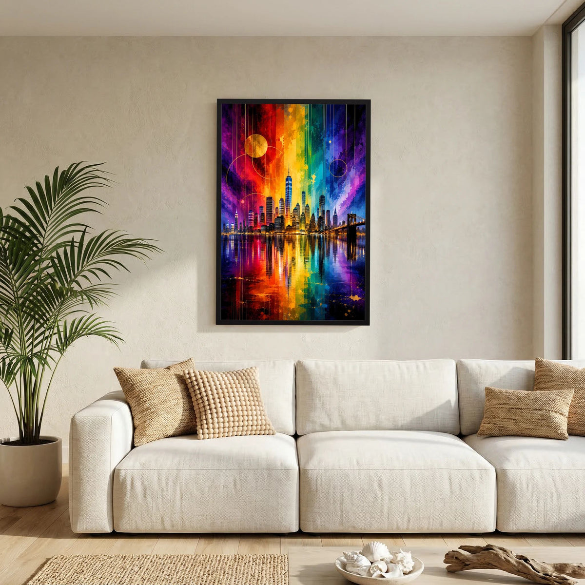 Abstraktes Skyline-City-Poster mit Regenbogenfarben, schwarzer Rahmen und Reflexionen