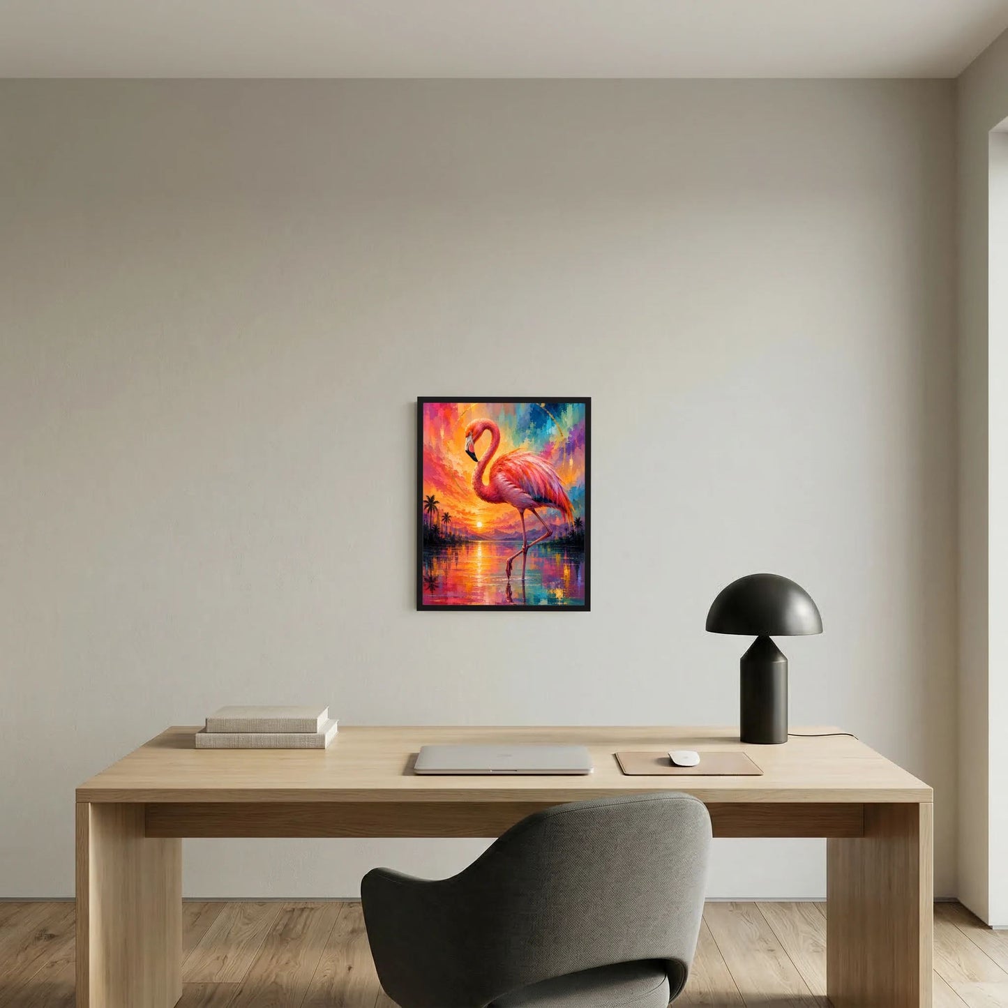 Kunstposter mit Flamingo in Pink und Türkis, Sonnenuntergang mit farbigen Wasserstreifen